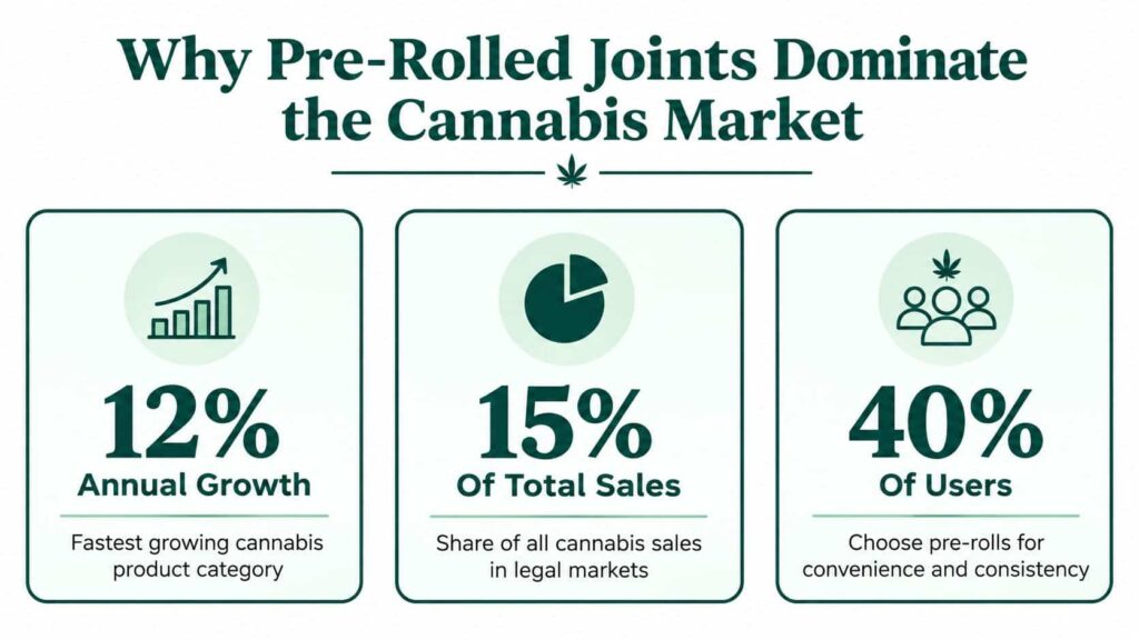An infographic showing that pre-rolled joints have 12 percent annual growth, 15 percent of total sales, and are preferred by 40 percent of users.