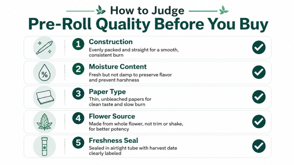 An infographic titled How to Judge Pre-Roll Quality, outlining five key factors to consider before purchasing.