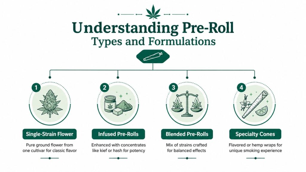An infographic titled Understanding Pre-Roll Types and Formulations illustrating four varieties of cannabis pre-rolls with descriptions.