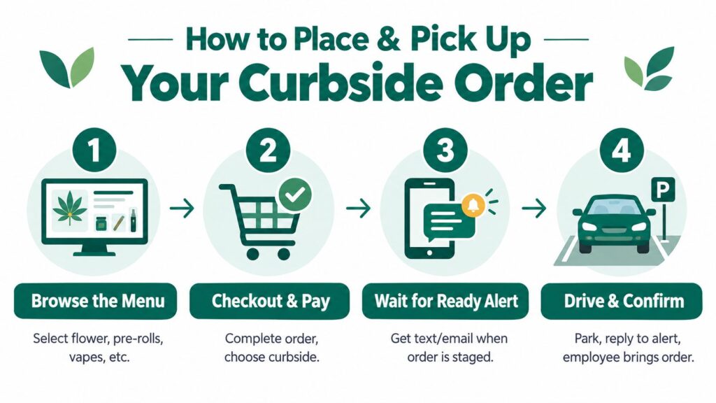An infographic showing a four-step guide on how to place and pick up a cannabis curbside order.