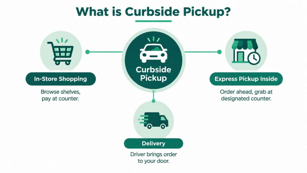 A diagram comparing curbside pickup with in-store shopping, express pickup inside, and home delivery service options.