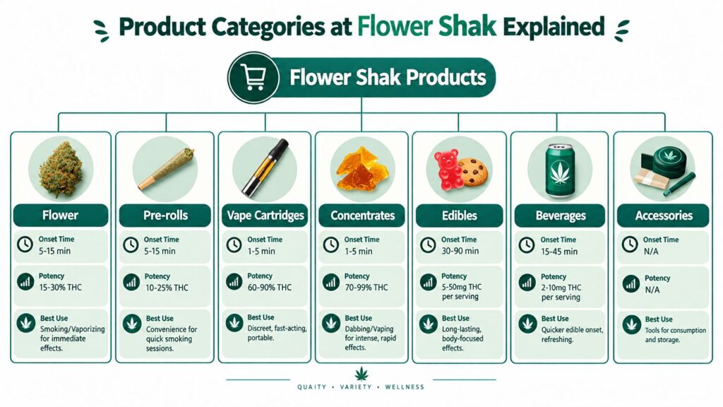An infographic displaying various cannabis product categories at Flower Shak with onset times, potency levels, and uses.