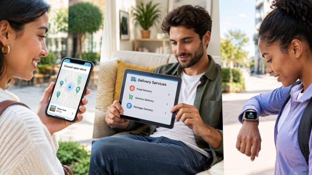 A split image showing three people using different devices to manage local delivery and dispensary services.