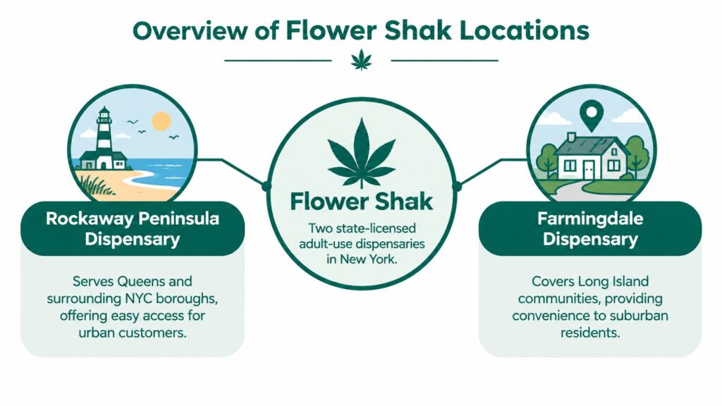 An infographic showing two Flower Shak dispensary locations in New York, specifically in Rockaway and Farmingdale.