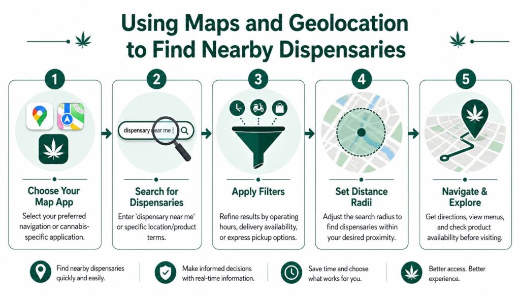 An infographic showing five steps to find local cannabis dispensaries using map and geolocation apps.