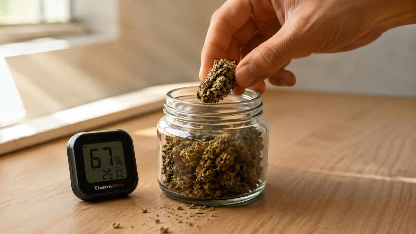 A hand placing a cannabis bud into a glass jar next to a digital humidity monitor.