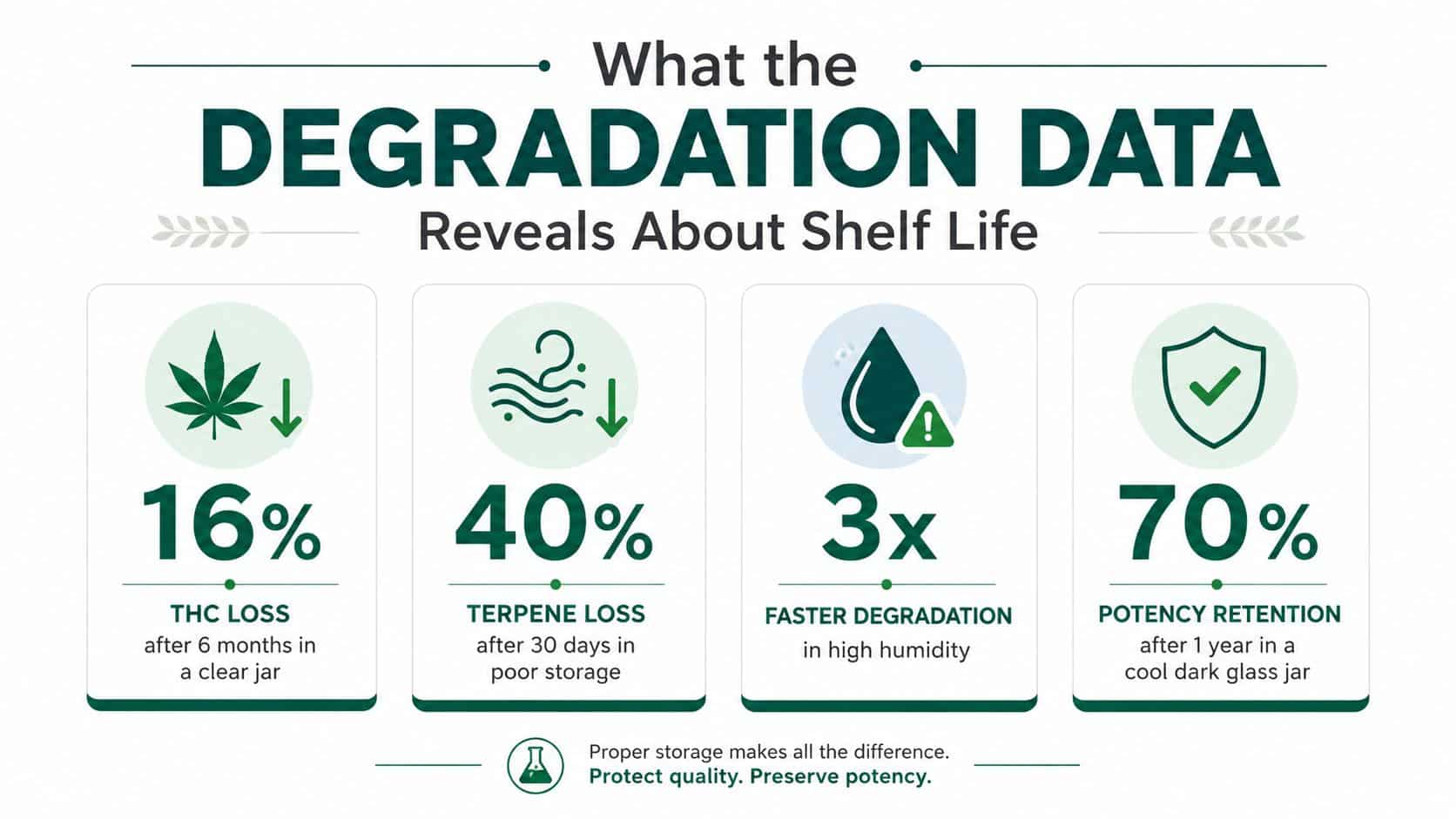 An infographic showing degradation data statistics for cannabis storage, highlighting how proper storage preserves product potency.