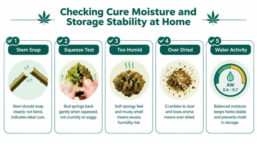An infographic showing five steps to check the moisture and cure quality of cannabis flowers at home.