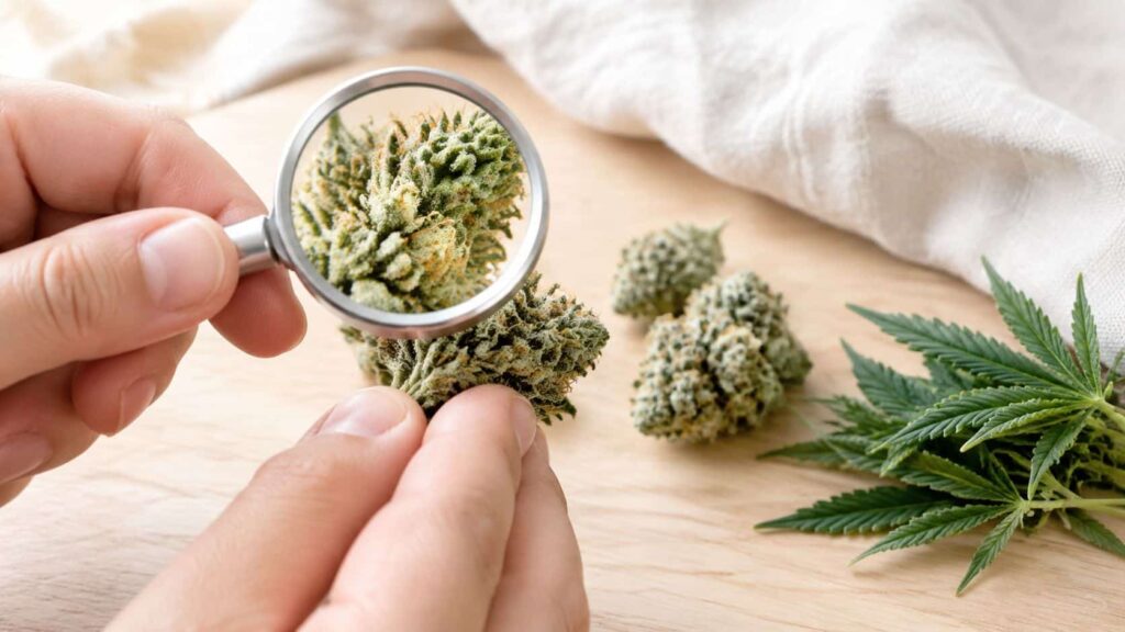 A pair of hands using a magnifying glass to inspect high quality cannabis buds on a table.