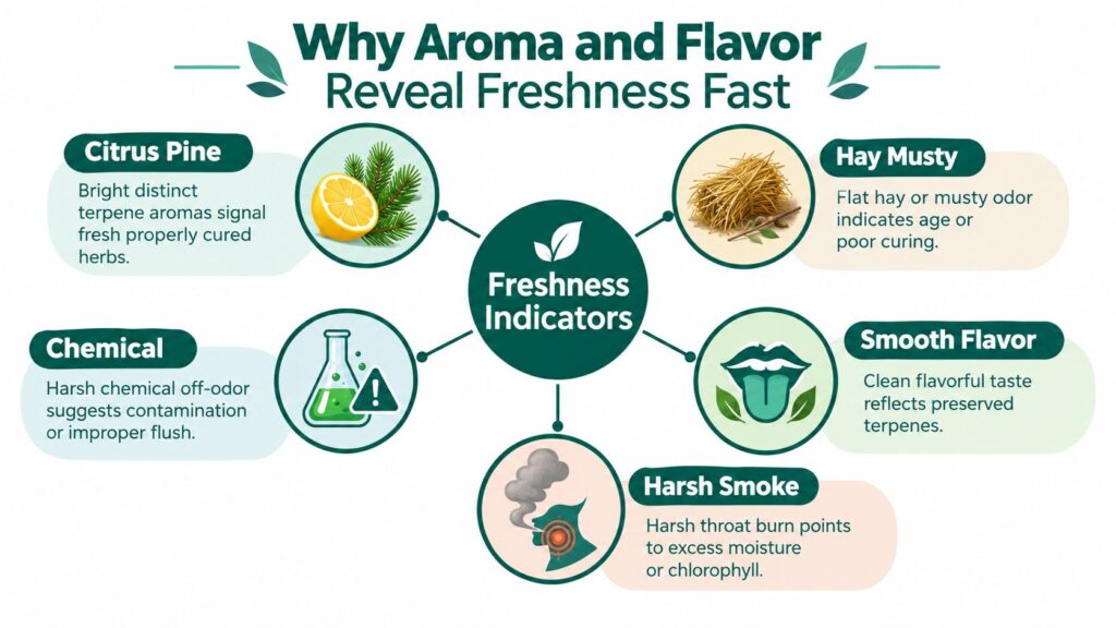 An infographic illustrating various aroma and flavor freshness indicators for herbs, featuring visual icons for each sign.