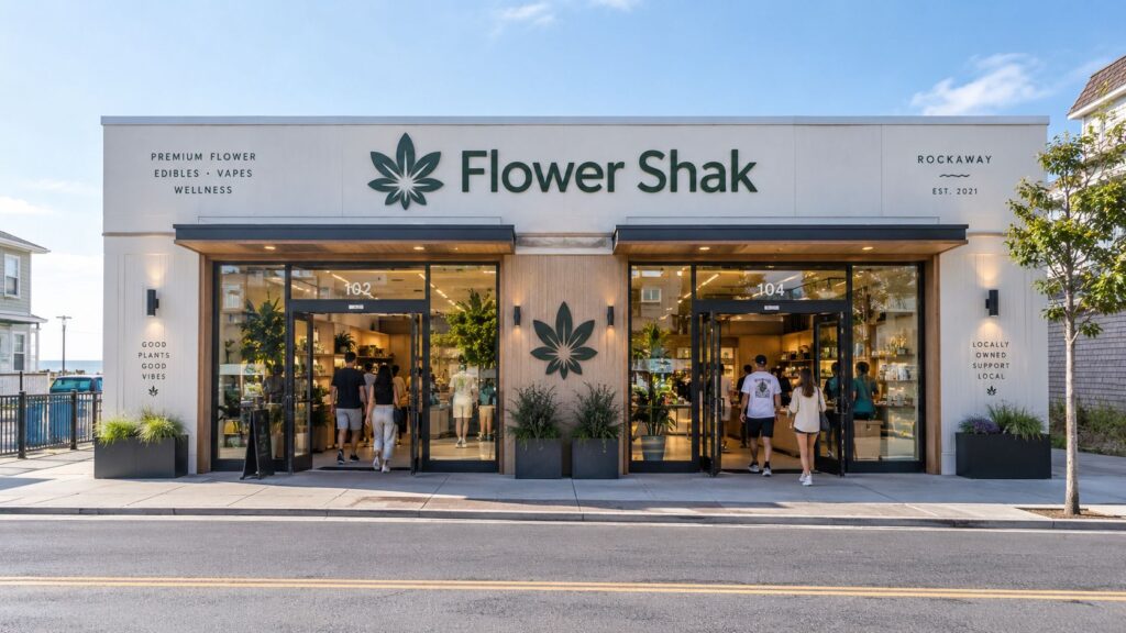 A modern storefront for Flower Shak cannabis dispensary with customers entering through open glass doors during daytime.