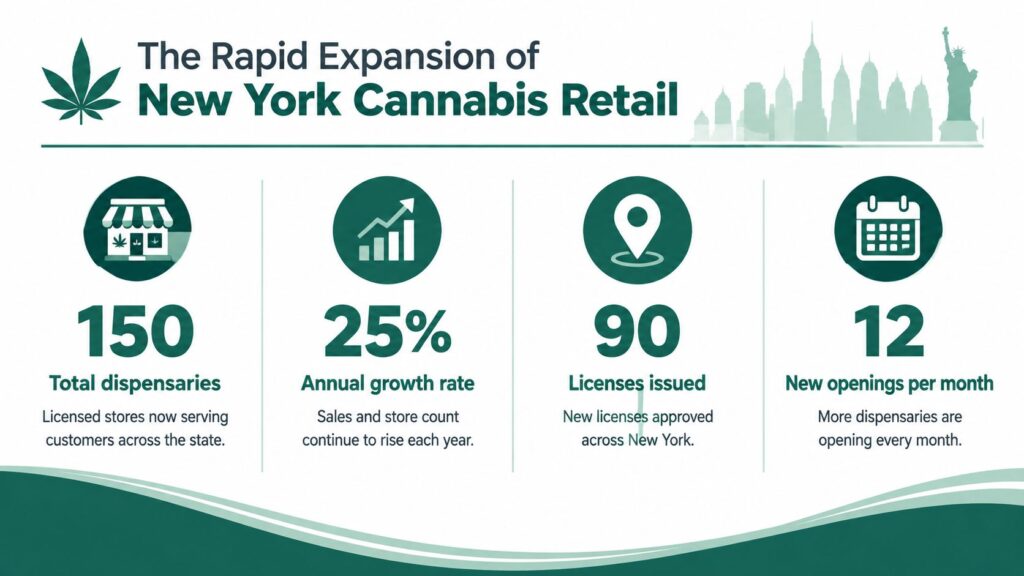 An infographic titled The Rapid Expansion of New York Cannabis Retail showing key industry statistics and metrics.