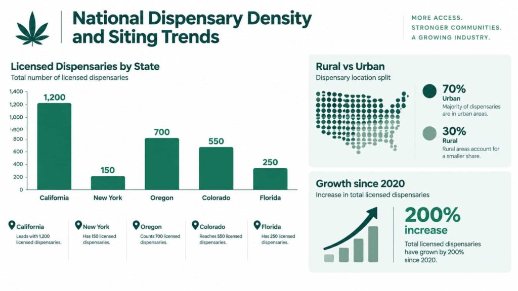 An infographic showing licensed cannabis dispensary counts in California, New York, Oregon, Colorado, and Florida with urban-rural statistics.