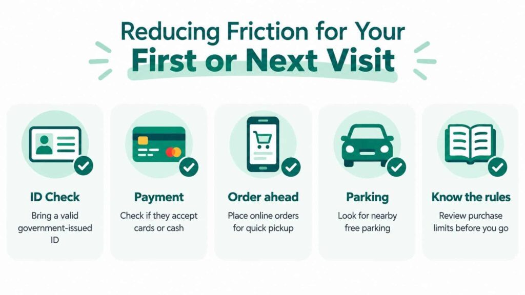 An infographic titled Reducing Friction for Your First or Next Visit, listing five preparation tips for visiting a dispensary.