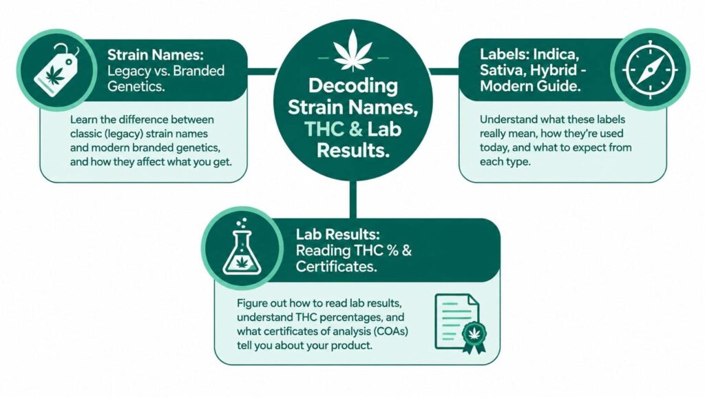 A diagram titled Decoding Strain Names, THC & Lab Results with three sections for cannabis product education.