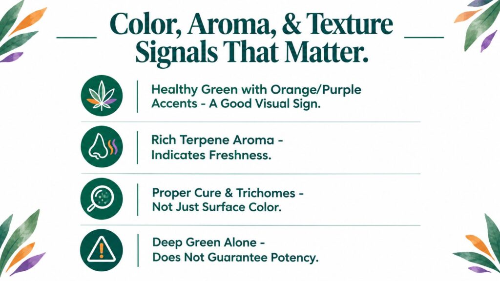 An educational graphic listing visual, aromatic, and textural indicators for assessing the quality of cannabis buds.
