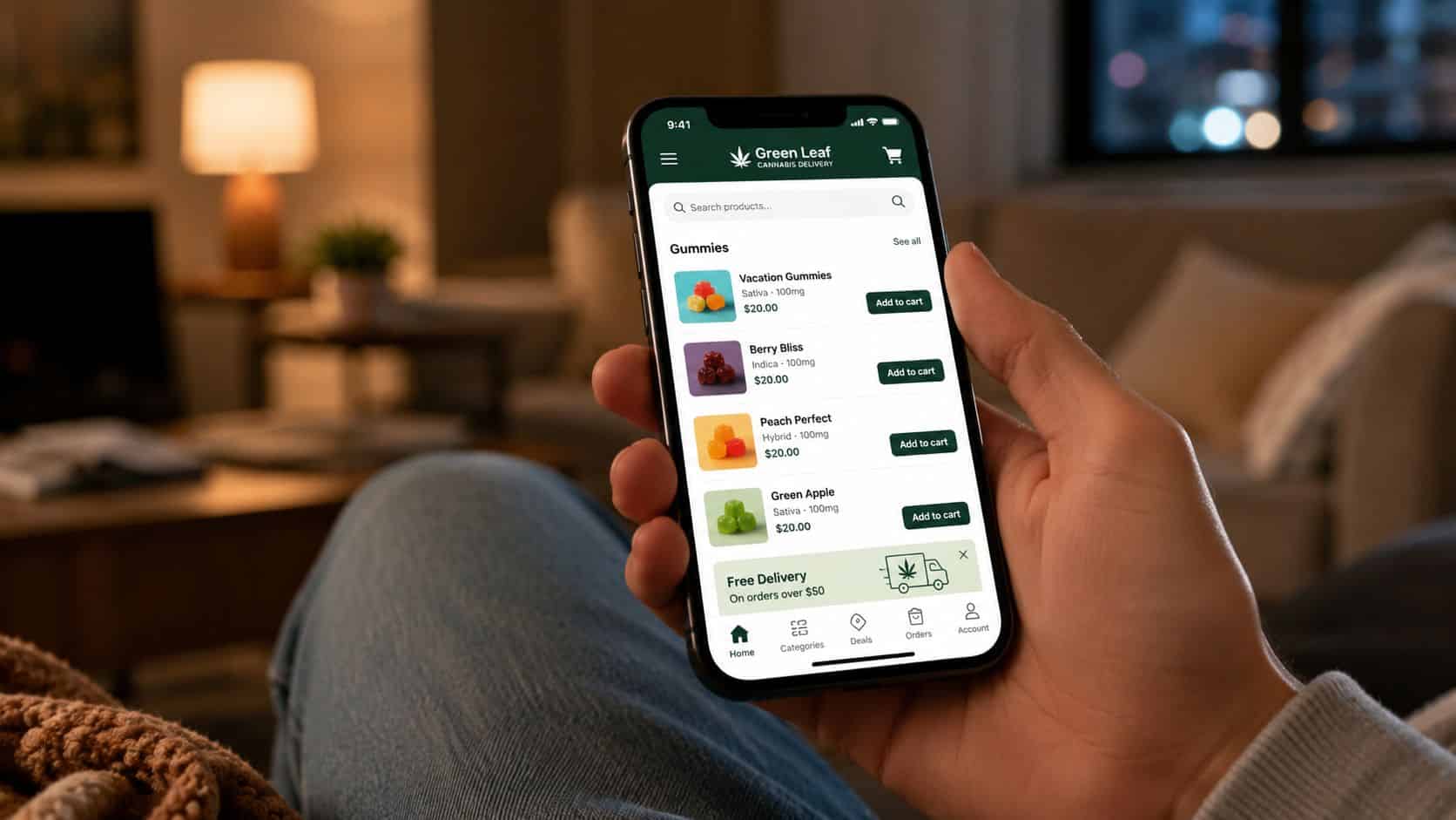 A person holding a smartphone showing a cannabis delivery app interface with various gummy product listings.