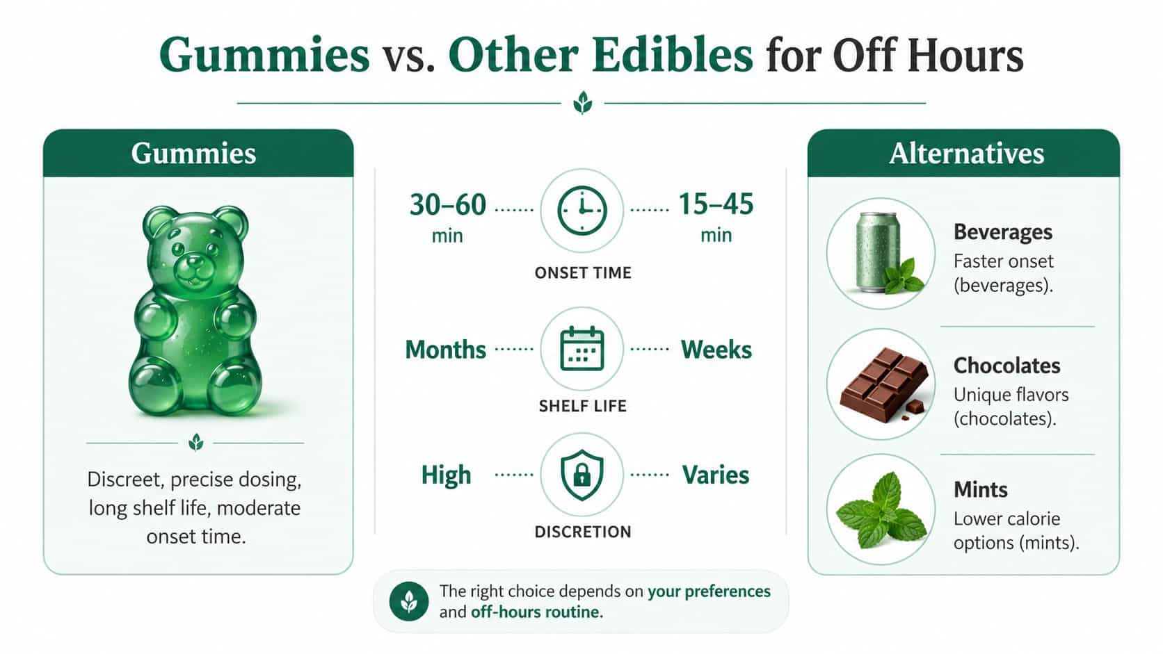 A comparison infographic between cannabis gummies and other alternatives like beverages, chocolates, and mints.
