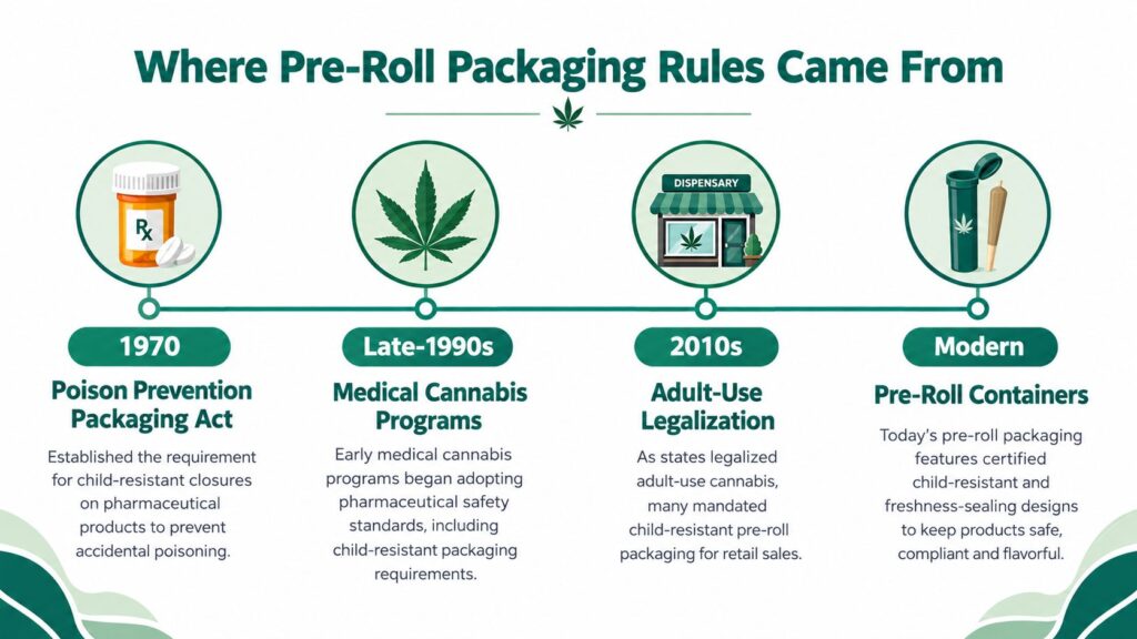 A timeline graphic showing the evolution of cannabis pre-roll packaging regulations from the 1970s to modern designs.