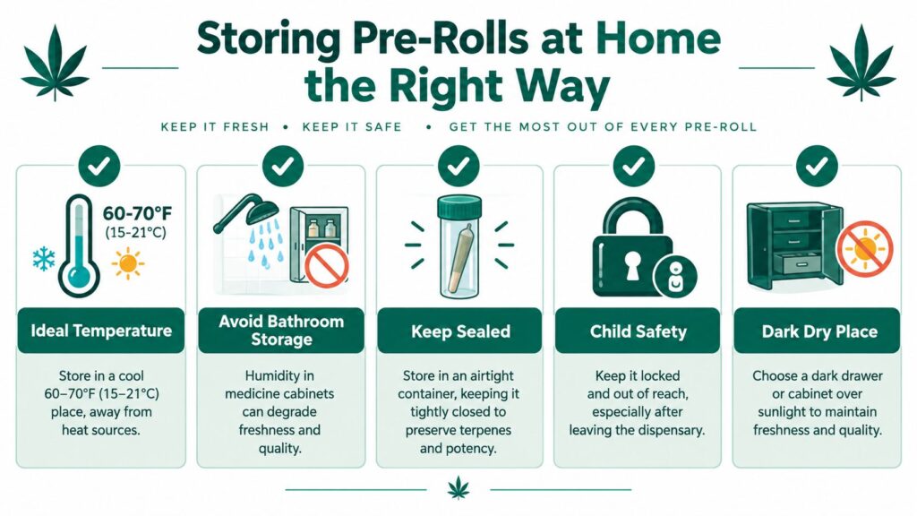An infographic titled Storing Pre-Rolls at Home the Right Way showing five key tips for preservation.
