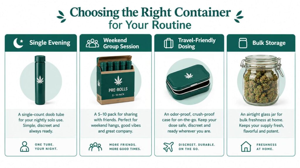 An infographic showing four types of cannabis storage containers including single tubes, multipacks, travel cases, and jars.