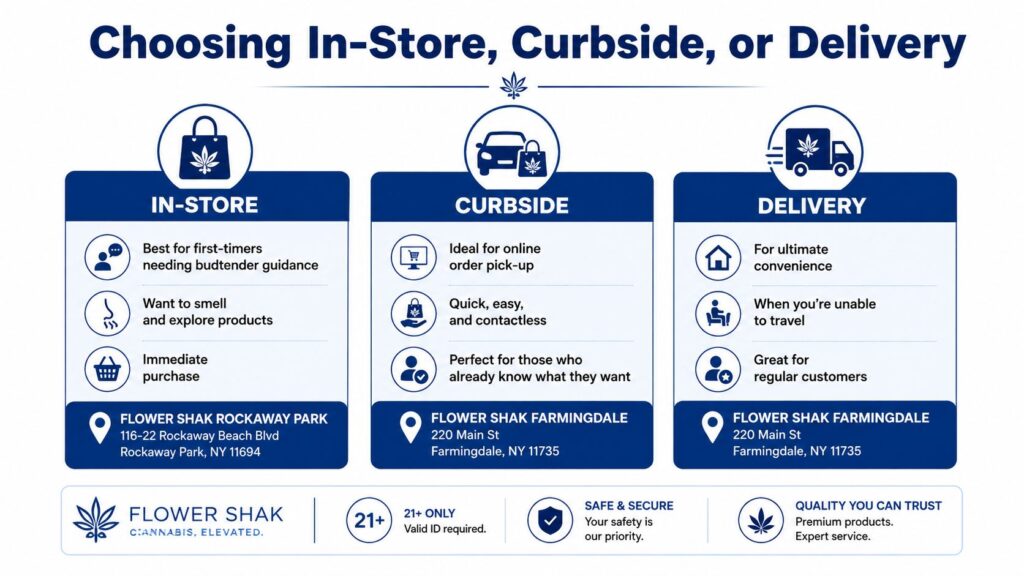 A service guide for Flower Shak cannabis dispensary featuring in-store, curbside, and delivery options for customers.