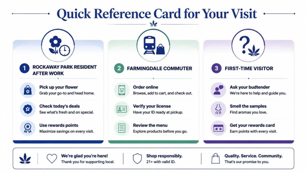 A helpful reference card outlining quick tips for three different types of dispensary customer shopping experiences.