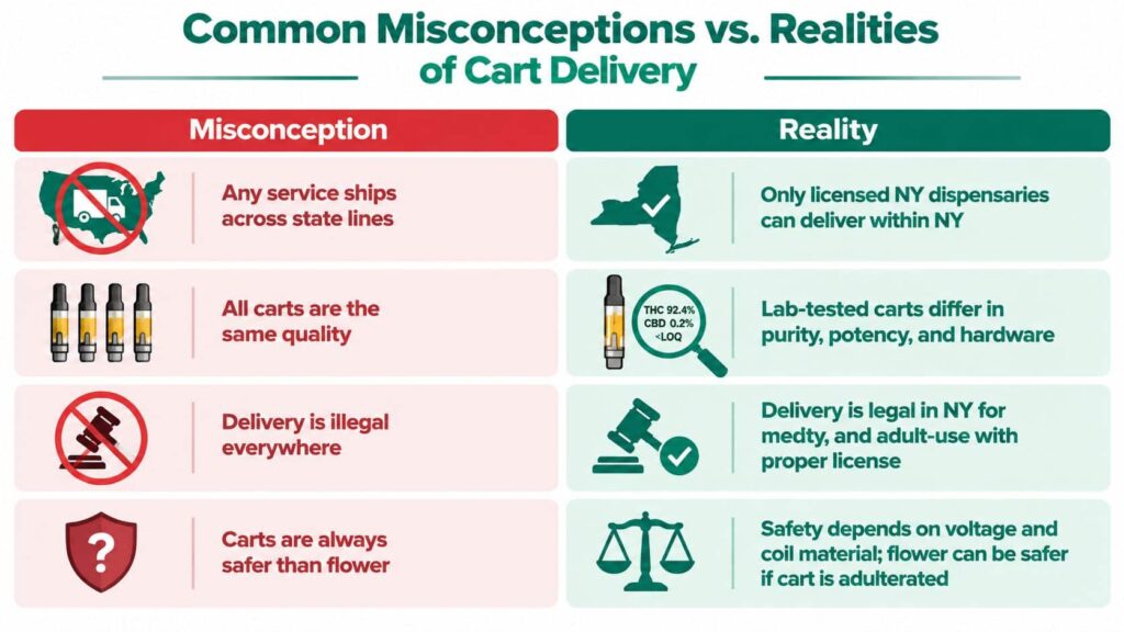 An infographic titled Common Misconceptions vs. Realities of Cart Delivery comparing myths and facts about cannabis cartridges.