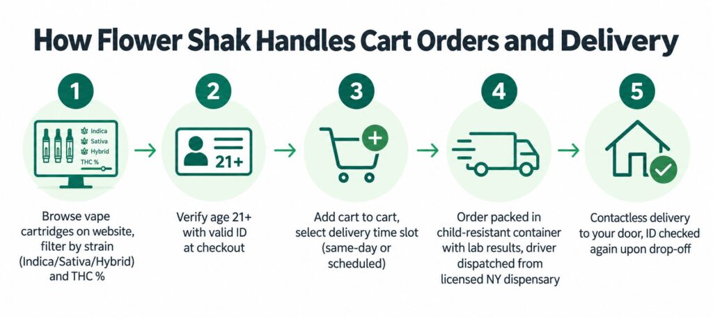 A five-step infographic showing how to order and receive cannabis vape cartridge delivery from Flower Shak.