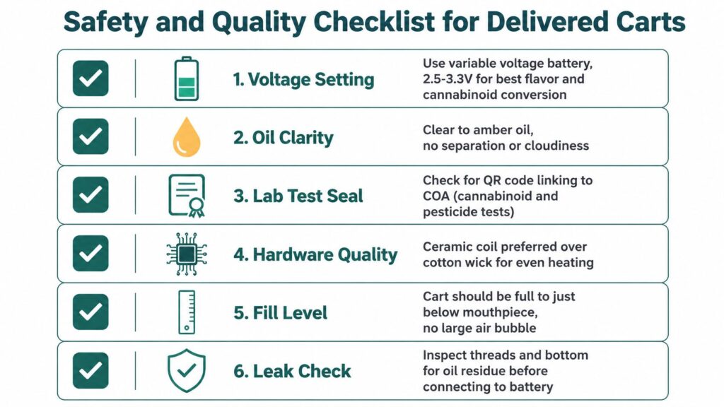 A safety and quality checklist infographic for delivered cannabis oil cartridges featuring six recommended inspection points.