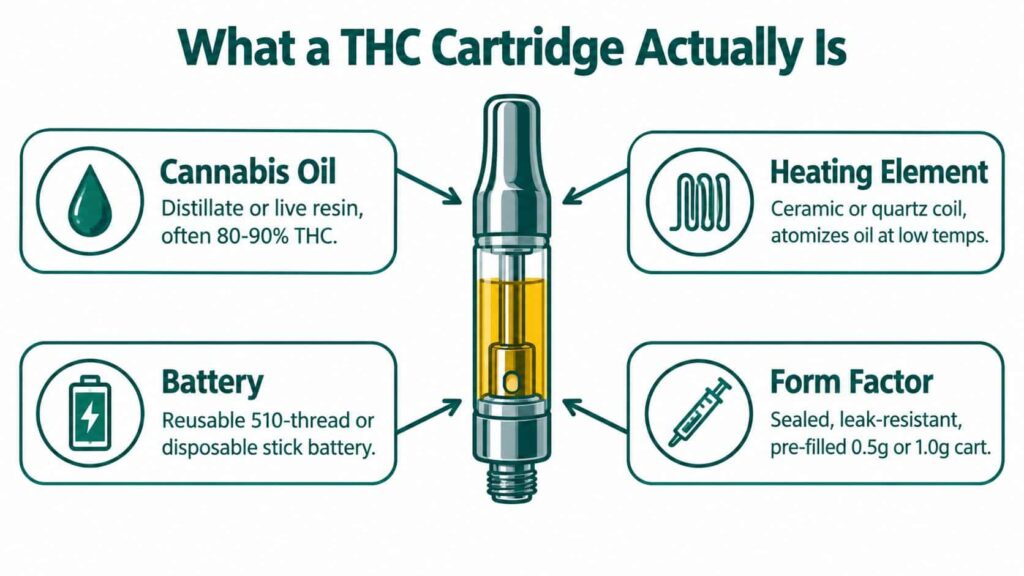A diagram illustrating the four main components of a THC vape cartridge including oil, coil, and battery.