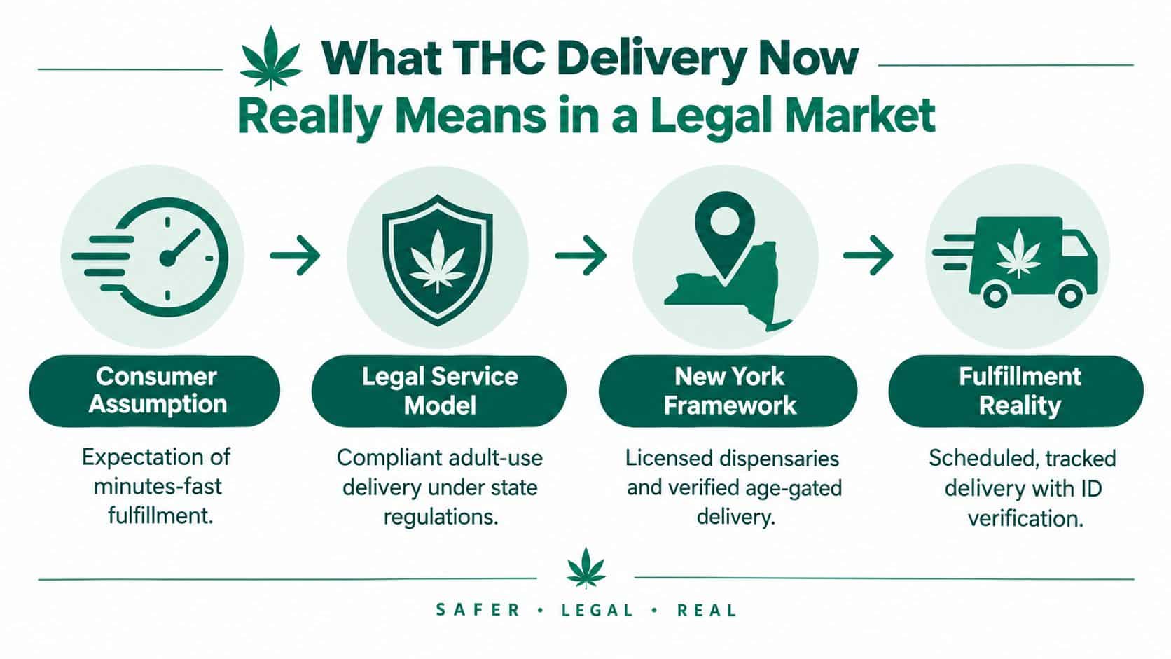 A four-step infographic explaining the legal process and reality of THC delivery in New York State.